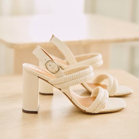 Sezane High Arielle Sandals Ecru Ivory Leather Brass Buckle Heels - Picture 1 of 8